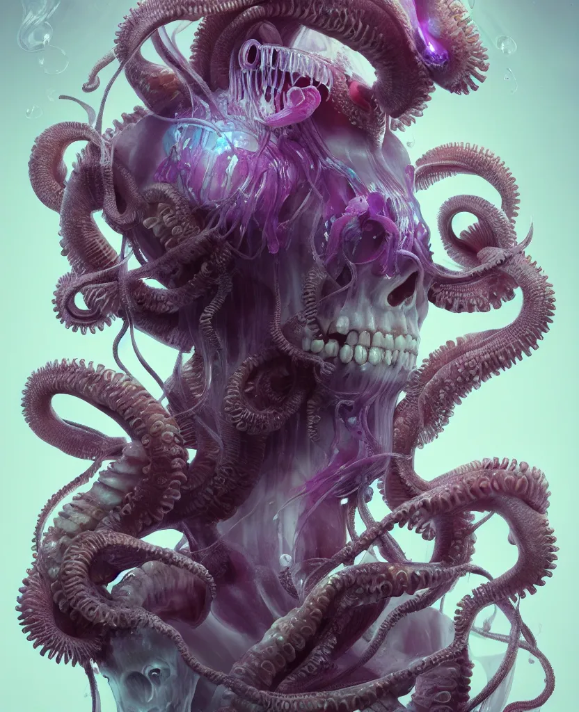 Prompt: goddess close - up portrait human skeleton, ram skull, octopus, jellyfish, orchid, betta fish, bioluminiscent, intricate artwork by tooth wu and wlop and beeple. octane render, trending on artstation, greg rutkowski very coherent symmetrical artwork. cinematic, hyper realism, high detail, octane render, 8 k