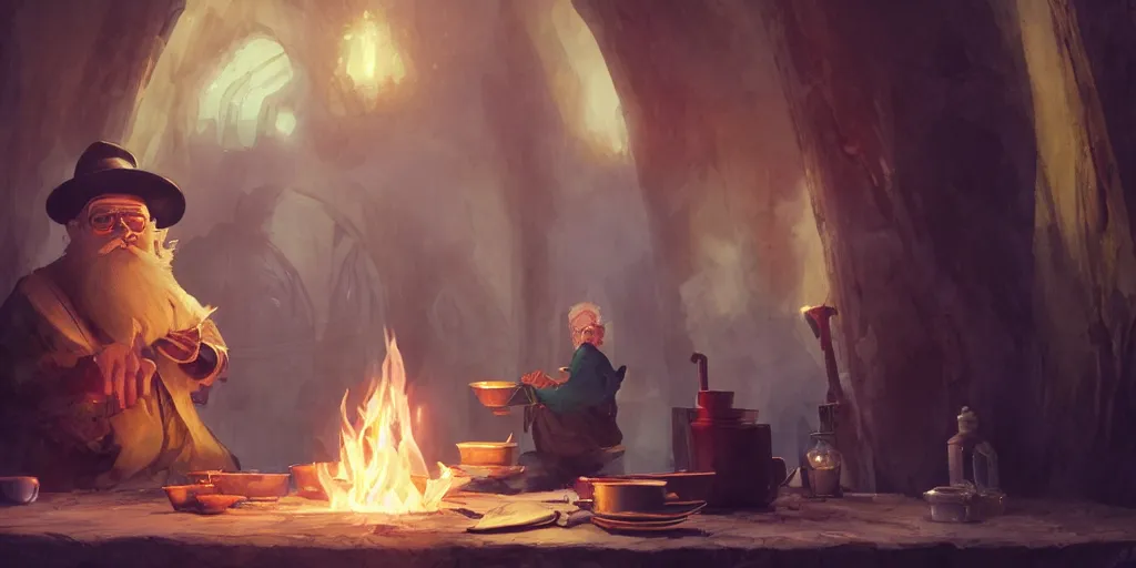 Prompt: a wholesome animation key shot of oldv bearded wizard coocking the magical brew that emmits sparklings in pot at fireplace, medium shot, rendered in unreal engine 5, anime key art by greg rutkowski, bloom, dramatic lighting