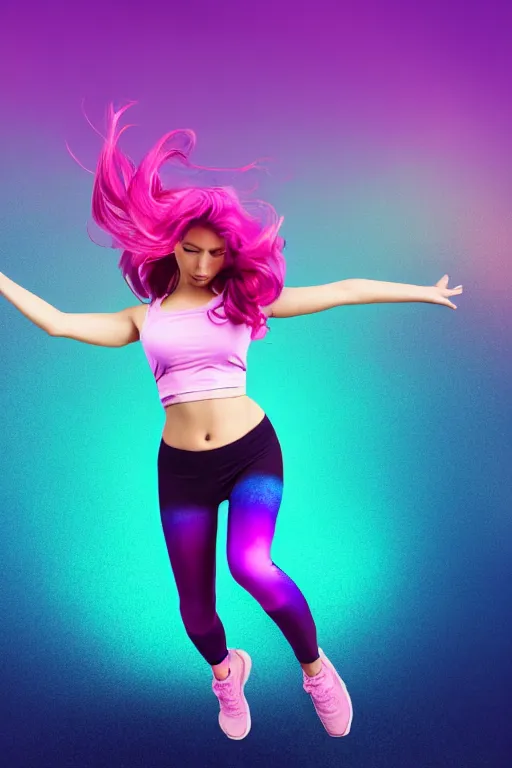 Image similar to a award winning half body shot of a beautiful woman in a croptop and leggings with a ombre purple pink teal hairstyle with head in motion and hair flying, outrun, vaporware, highly detailed, fine detail, intricate