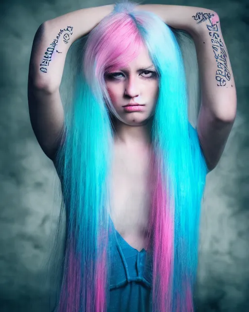 Image similar to a dramatic lighting photo of a beautiful young woman with cotton candy hair. moody, melanchonic. with a little bit of cyan and pink