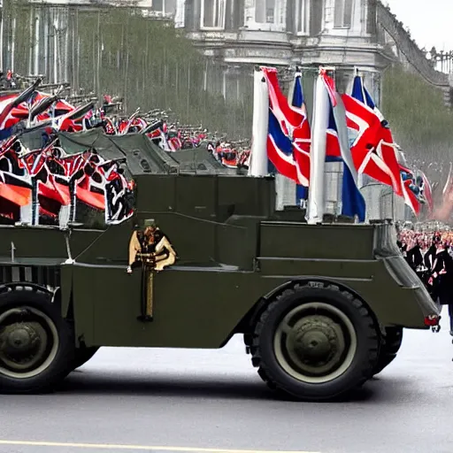 Image similar to queen victoria watching a parade of military vehicles, cloudy day