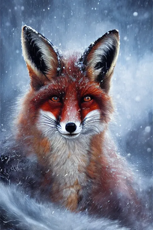 Prompt: a furious fox wizard, snowy background, oil on canvas, intricate, portrait, 8k highly professionally detailed, HDR, CGsociety