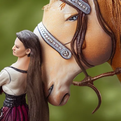 Image similar to 80mm resin detailed miniature of a Woman with a Horse, Product Introduction Photos, 4K, Full body, simple background