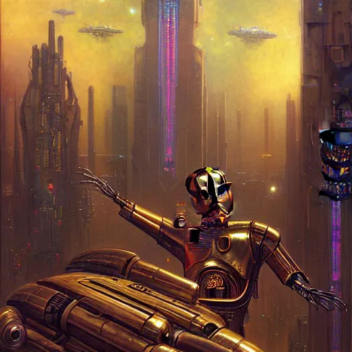 Prompt: portrait c 3 po. spaceship futuristic city. shadowrun cyberpunk fantasy d & d painting by gaston bussiere craig mullins jc leyendecker gustav klimt artgerm greg rutkowski john berkey, bergey, craig mullins, ruan jia, raymond swanland, tom lovell