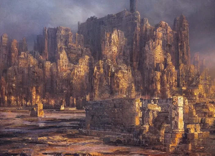 Prompt: oil painting by james gurney of the sole guardian of a forgotten city, some edges lost, high contrast, subtle tones, calm, serene landscape, beautiful detailed abandoned city