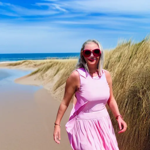 Prompt: woman in a summery pink dress and sunglasses walking through the dunes away from the sea towards the camera, blue sky, cirrus clouds