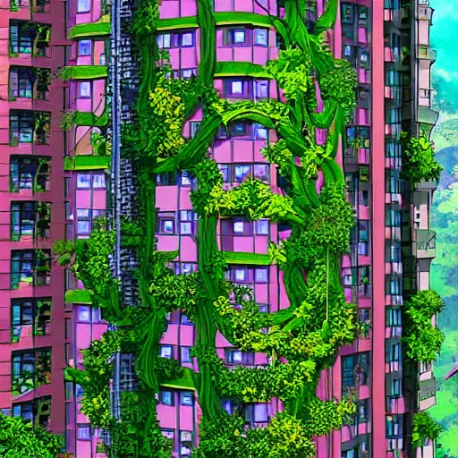 Image similar to anime of beautiful arcology apartment building with vines and hanging flowers on every balcony, lush, by studio ghibli and breath of the wild