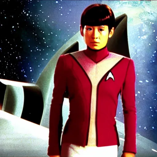 Prompt: still photo of Star Trek The Next Generation 1991 episode with Kagura from Azumanga Daioh