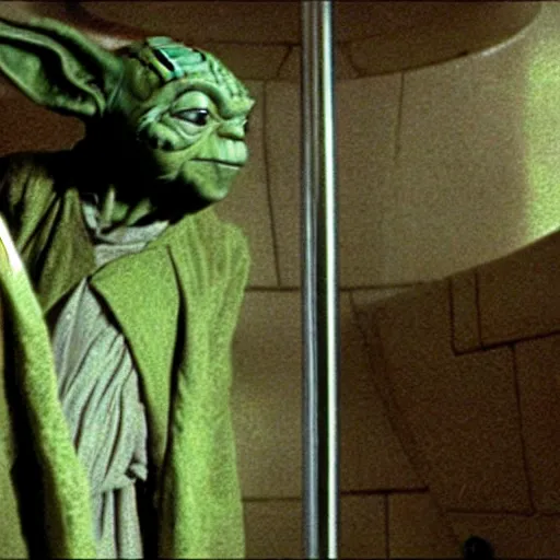 Prompt: master yoda using the urinal in the bathroom of the death star, movie scene from star wars 1 9 9 9