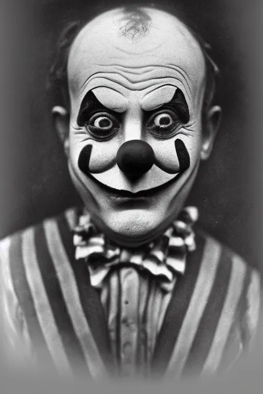 Image similar to old realistic photo of face of a clown, photograph, early 1 9 0 0's, black and whitehighly detailed, matte, sharp focus, smooth, sharp focus, illustration