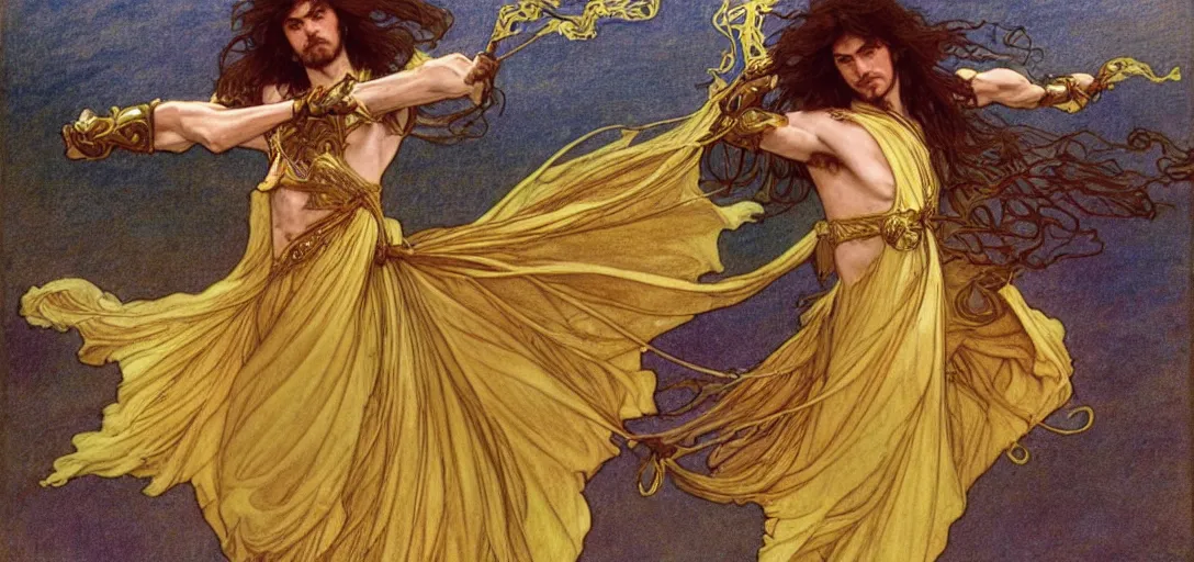 Image similar to a dual wielding golden swordsman leans back as he dances elegantly in the wind, his robes and long hair flowing in the breeze, his enemies lying on the ground below, fantasy, Mucha, MTG, Game of Thrones, salsa dancing, Rossetti, Millais