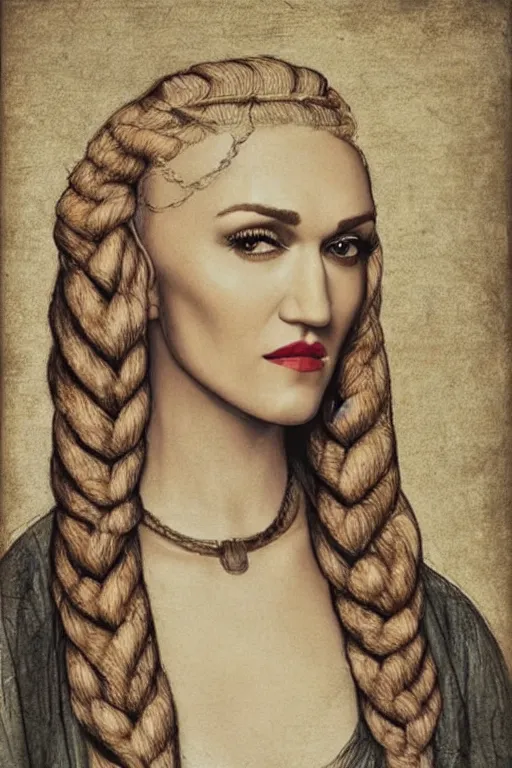 Image similar to a portrait of gwen stefani in the style of leonardo da vinci drawing,, single head, no double head,