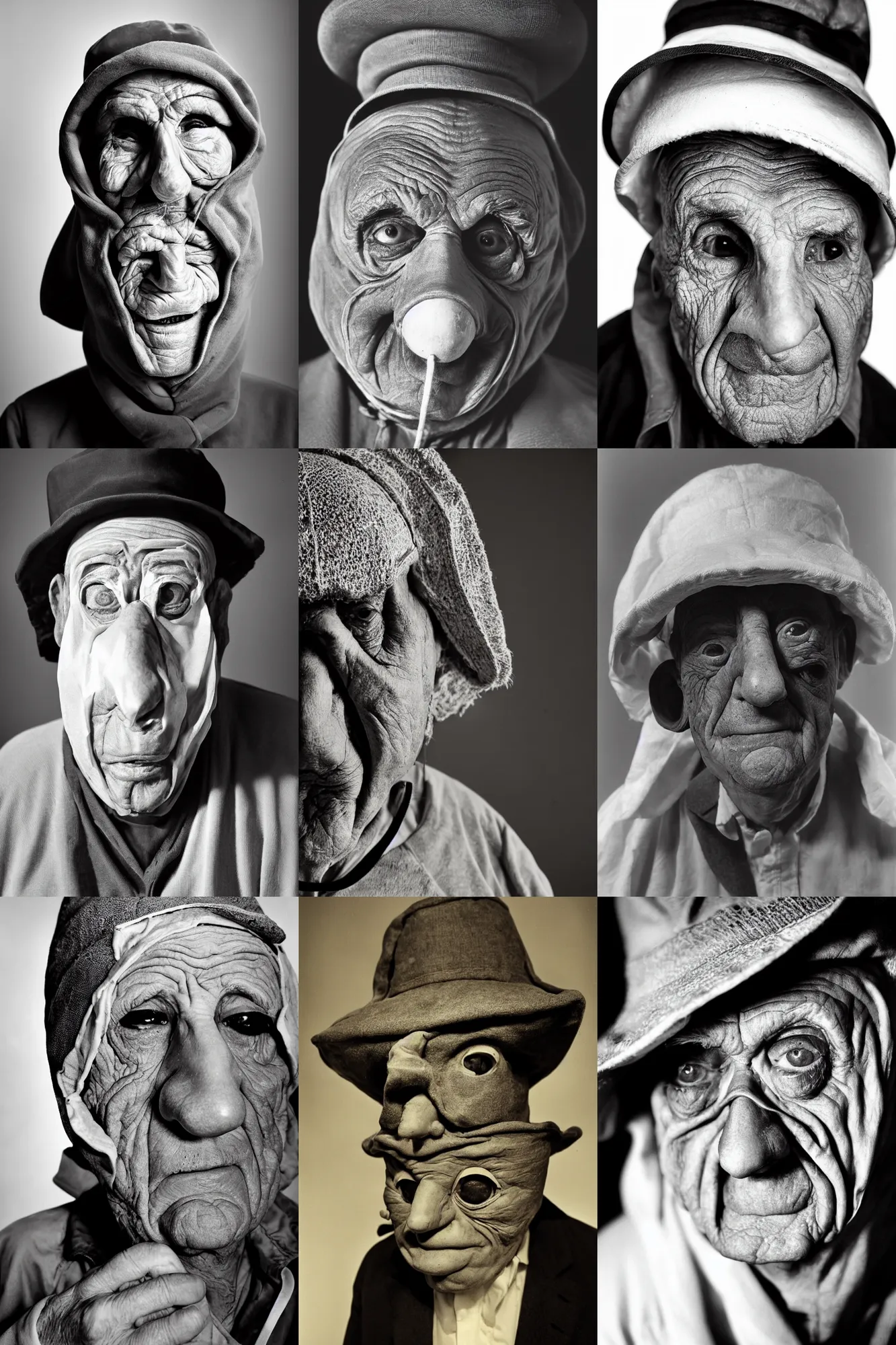 Prompt: high contrast studio close - up portrait of a wrinkled old man wearing a pulcinella mask, clear eyes looking into camera, baggy clothing and hat, backlit, dark mood, nikon, photo by philippe halsman, masterpiece