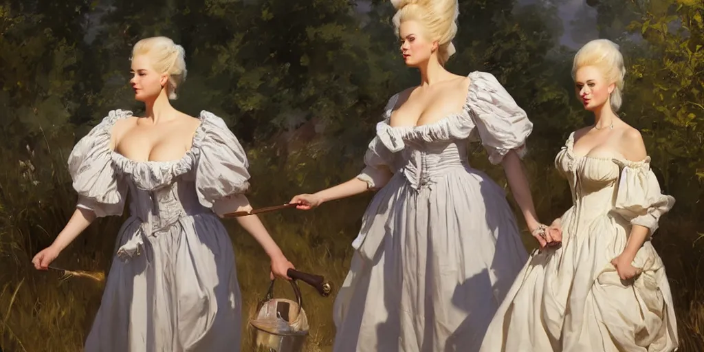 Prompt: three beautiful finnish norwegian scandinavian attractive glamour models as marie antoinette wearing 1 7 th century french off - the - shoulder neckline bodice walking in a field dusk, jodhpurs greg manchess painting by sargent and leyendecker, studio ghibli fantasy close - up shot asymmetrical intricate elegant matte painting illustration hearthstone, by greg rutkowski by greg tocchini by james gilleard