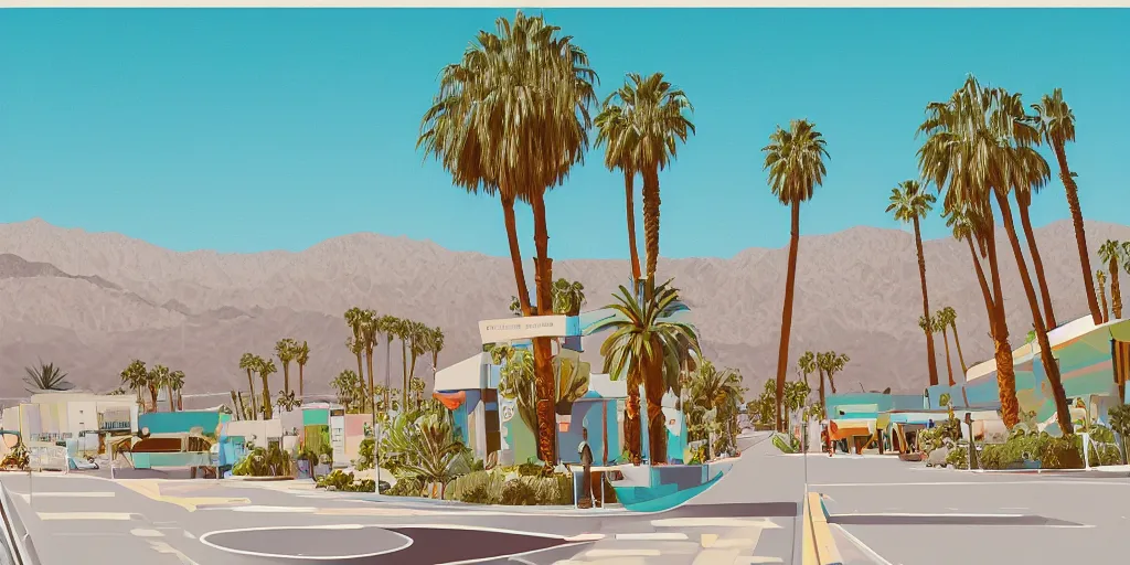 Image similar to a beautiful illustration of Palm Springs by James Gilleard, geometric lines, 8k, 4k