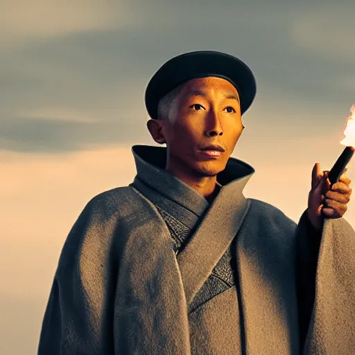 Image similar to cinematic film still Pharrell Williams starring as a Samurai holding fire, Japanese CGI, VFX, 2003, 40mm lens, shallow depth of field,film photography