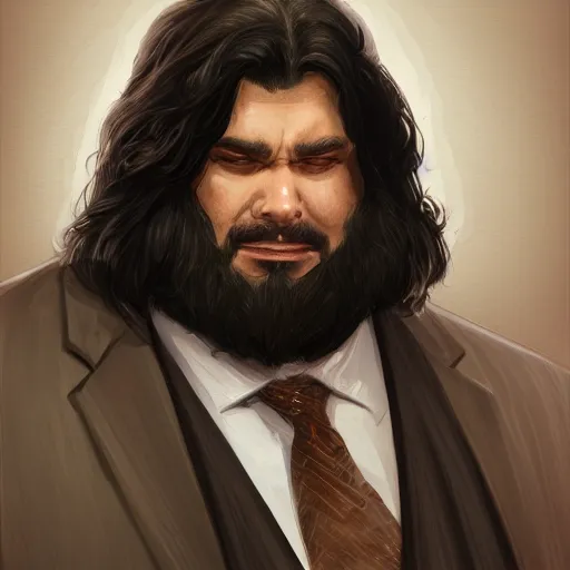 Image similar to a portrait of a short fat man with long curly black hair and a brown suit on viewing blueprints, D&D, sci-fi, elegant, hopeful, muscular, highly detailed, digital painting, artstation, concept art, smooth, sharp focus, illustration