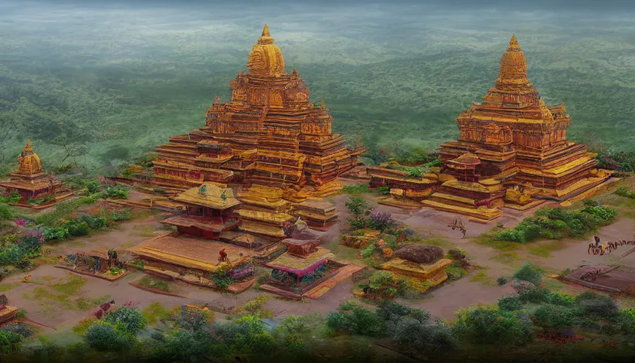 Image similar to matte painting of a beautiful mon - dvaravati village and buddhist temple, inspired by indian arts - amaravati, gupta, after gupta, and pala, digital art, trending on artstation