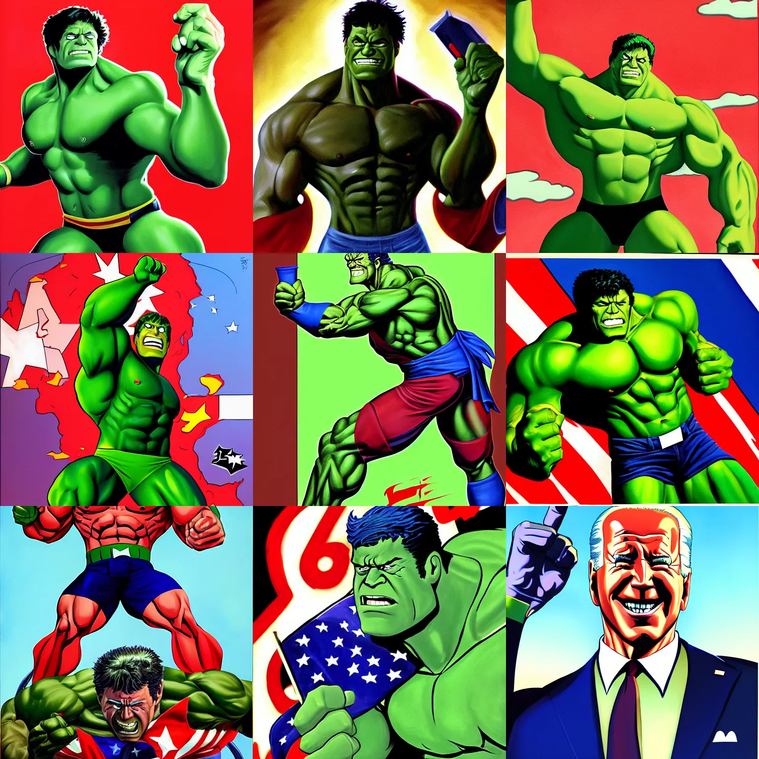 Prompt: a painting of Joe Biden as the Hulk by Bruce Timm, highly detailed digital art, anime, hero pose