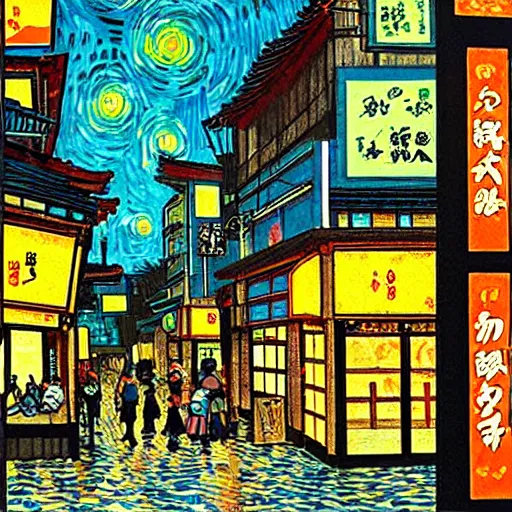 Image similar to bladerunnner noodle shop scene, cyberpunk, japan city, van gogh painting,