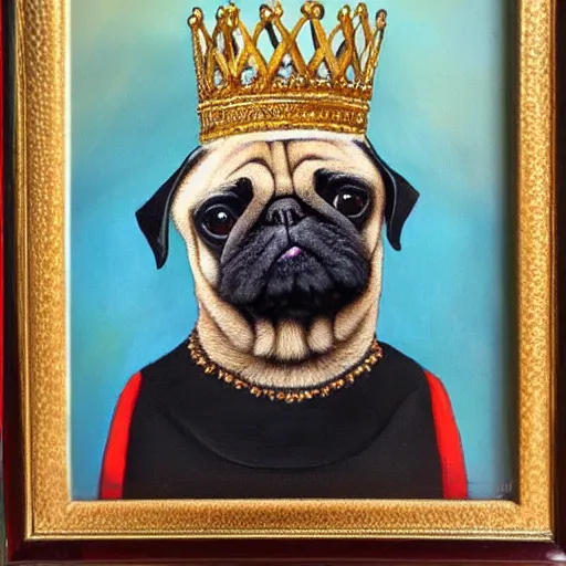 Image similar to regal pug in kings clothing and crown, oil painting, framed