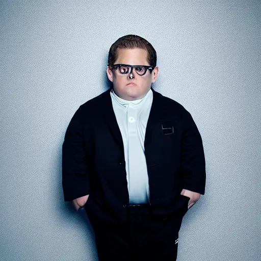 Image similar to 4 k editorial photograph of down syndrome midget jonah hill, sharp focus, soft lighting, edge lighting, studio portrait, 1 3 mm film color grading