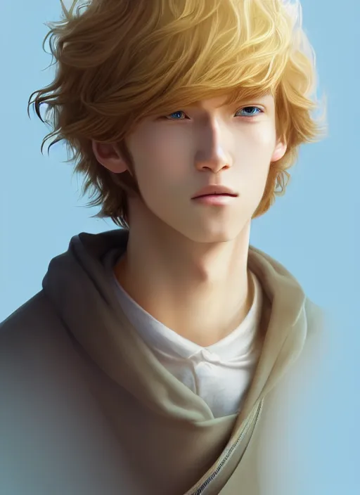 Prompt: young man with medium - length, curly, golden hair, perfectly proportioned face, aquamarine eyes, cry, natural lighting, path traced, highly detailed, high quality, cartoon, digital painting, by new haicheng and studio ghibli