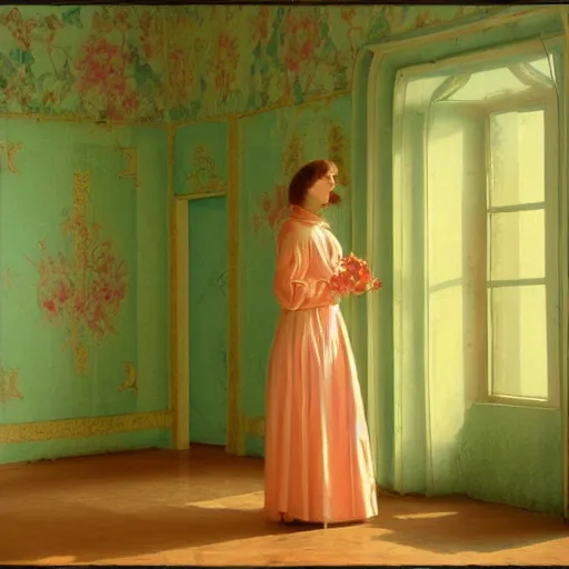 Image similar to a beautiful flowery girl in an soviet golden liminal abandoned room, film still by wes anderson, depicted by balthus, limited color palette, very intricate, art nouveau, highly detailed, lights by hopper, soft pastel colors