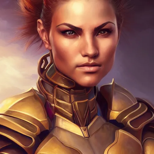 Prompt: a portrait of a very beautiful warrior woman in powerarmor, Alexandria\'s genesis, chin-length multicolored hair, bored, illustration, soft lighting, soft details, painting oil on canvas by mark arian by artgerm, trending on artstation, 4k, 8k, HD