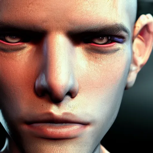 Image similar to Close up portrait of a young Cyberpunk man, Hyperdetailed, artstation, cgsociety, 8k