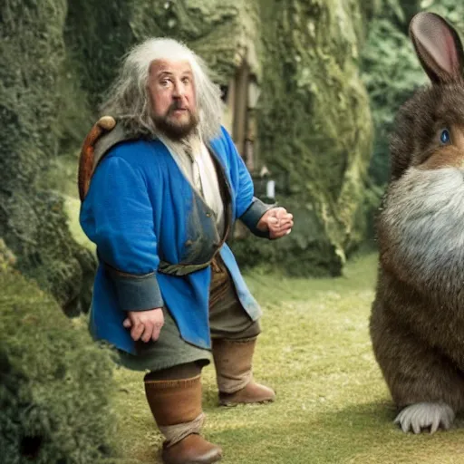 Image similar to hobbit wearing a blue vest and white sash, a british lad as Bartook a teen hobbit with short curly dark brown hair wearing a blue vest with a white sash standing next to a giant rabbit, high resolution film still, movie by Peter Jackson