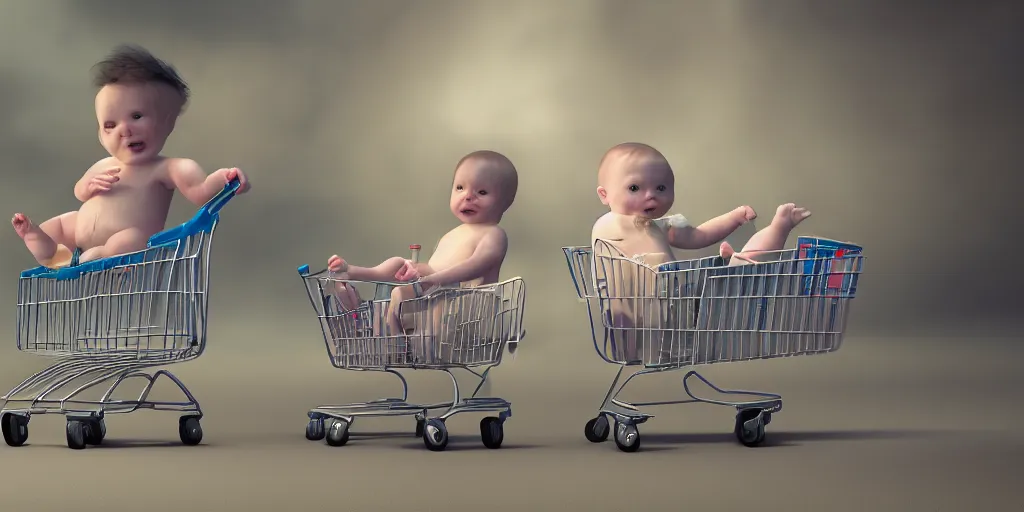 Image similar to beer drinking baby in diapers with a shopping cart, dim volumetric lighting, 8 k octane beautifully detailed render, post - processing, extremely hyper - detailed, intricate, epic composition, cinematic lighting, masterpiece, detailed detailed detailed, masterpiece, stunning art, wonderful masterpiece, beautiful cinematic light