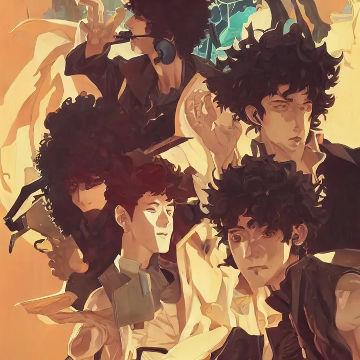 Prompt: anime portrait cowboy bebop, futuristic science fiction, mucha, hard shadows and strong rim light, art by jc leyendecker and atey ghailan and sachin teng