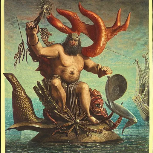 Image similar to The illustration shows a mythological scene. A large, bearded man is shown seated on a throne, surrounded by sea creatures. He has a trident in one hand and a shield in the other. Behind him is a large fish, and in front of him are two smaller creatures. rococopunk by William Wegman, by John Atkinson Grimshaw angular, kaleidoscopic