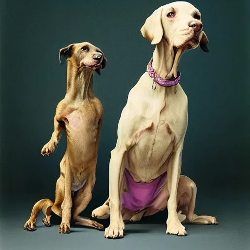 Prompt: a william wegman photograph of two dogs standing on hind legs 4k, hyperrealistic, focused, extreme details, unreal engine 5, cinematic, masterpiece, high resolution, detailed, painting by raqib shaw W- 1080