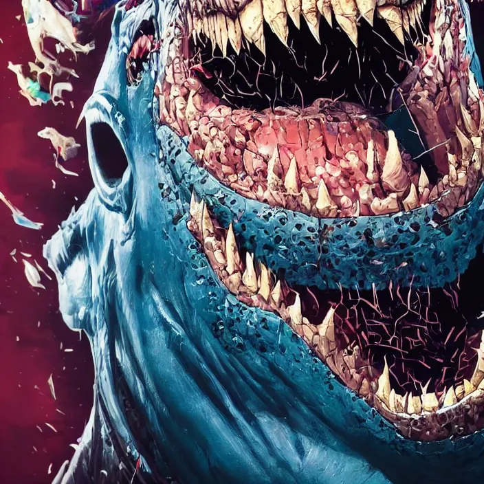 Image similar to portrait of joe biden as a king shark in suicide squad. intricate abstract. intricate artwork. by tooth wu, wlop, beeple, dan mumford. octane render, trending on artstation, greg rutkowski very coherent symmetrical artwork. cinematic, hyper realism, high detail, octane render, 8 k, iridescent accents