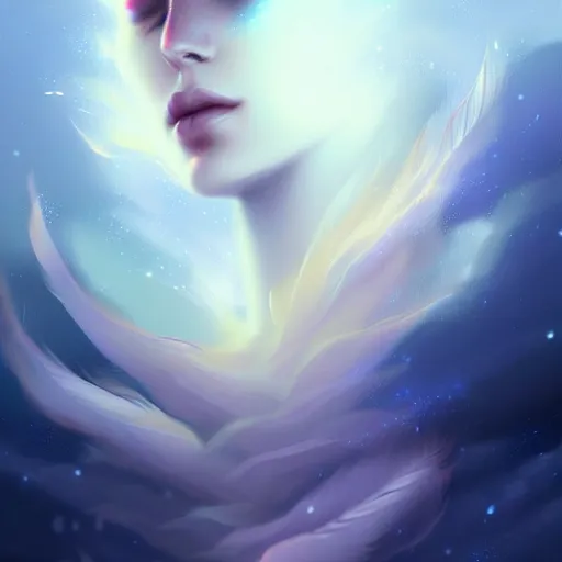 Image similar to empty space is filled by virtual particles a digital painting by Charlie Bowater , trending on Artstation, metaphysical painting, speedpainting, made of feathers mist and cloud , digital painting