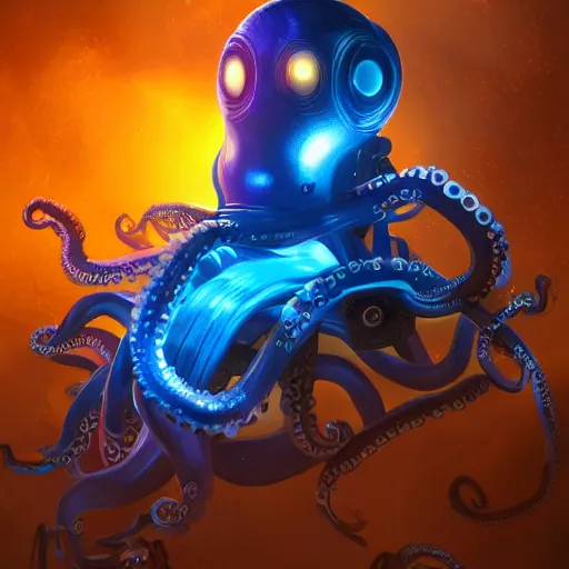 Prompt: portrait of a a cyborg octopus in a scenic environment, cyberpunk, mechanical parts, electric sparks, trending on artstation