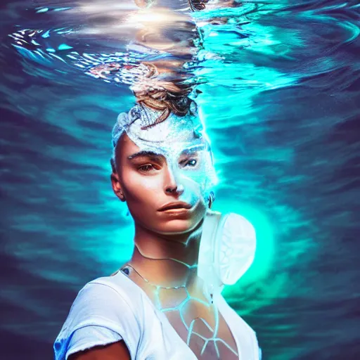 Image similar to beautiful centered Fine art photo portrait of Sommer Ray as a solarpunk robotic humanoid treading on water, white mechanical parts with led lights, photorealistic, white background, highly detailed and intricate, sun lighting, HDR 8k