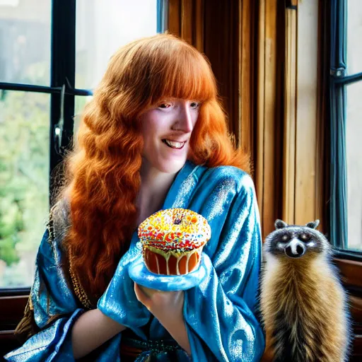 Image similar to a stunning hyper-detailed closeup portrait photo of a slender beautiful smiling woman with long ginger hair and bangs, wearing a luxurious silk robe, wearing headphones and posing with her large ginger tabby cat and her raccoon and parrots in an overstuffed easy chair in her sunlit victorian living room, holding a porcelain parrot-shaped coffee mug and a donut, perfect eyes, fashion photography, octane render, unreal engine, 85 mm lens,