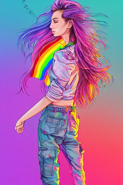 Image similar to a award winning half body portrait of a beautiful woman with stunning eyes in a printed croptop and cargo pants with rainbow colored ombre hairstyle head in motion and hair flying by josan gonzales, outrun, vaporware, shaded flat illustration, digital art, trending on artstation, highly detailed, fine detail, intricate