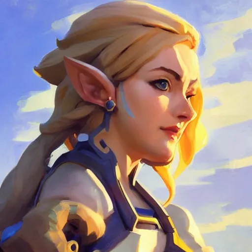 Image similar to greg manchess portrait painting of zelda as overwatch character, medium shot, asymmetrical, profile picture, organic painting, sunny day, matte painting, bold shapes, hard edges, street art, trending on artstation, by huang guangjian and gil elvgren and sachin teng