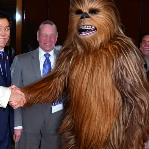 Image similar to high quality photo of chewbacca meeting the president of the united states of america , realism, 8k, award winning photo