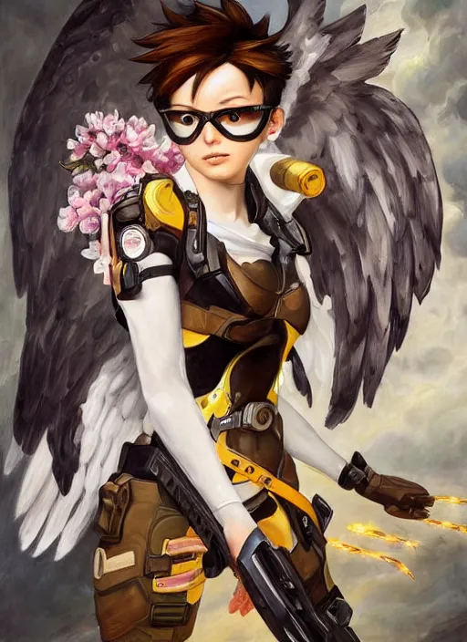 Image similar to full body oil painting of tracer overwatch in the style of sophie anderson, angel wings, white dress, dramatic painting, wearing black collar, symmetrical composition, ornate, high detail, gold, blooming, lights, flowers,