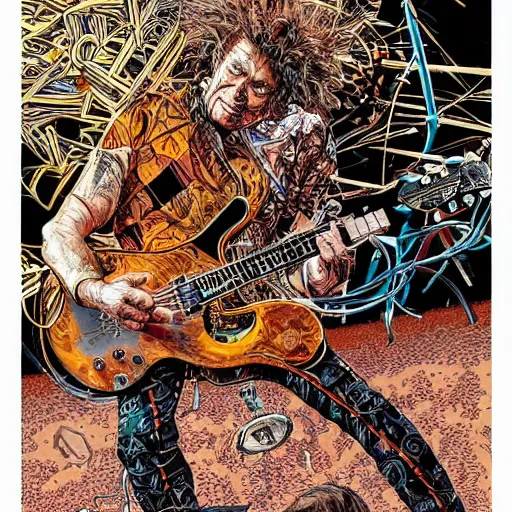 Image similar to A stunning illustration of eddie van halen playing guitar on stage, hyperdetailed mixed media artwork combining the styles of Micheal Kaluta and Geof Darrow, wild power, frantic excitement, emotional release, cathartic headbanging, perfectly symmetrical facial features, 8k, deeply detailed, cinematic lighting