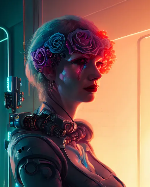 Image similar to portrait of christina hendricks as a cyberpunk cyborg. roses, sci - fi, intricate abstract upper body intricate artwork, by tooth wu, wlop, beeple, dan mumford. concept art, octane render, deviantart, greg rutkowski, cinematic arthouse, key art, hyper realism, iridescent accents