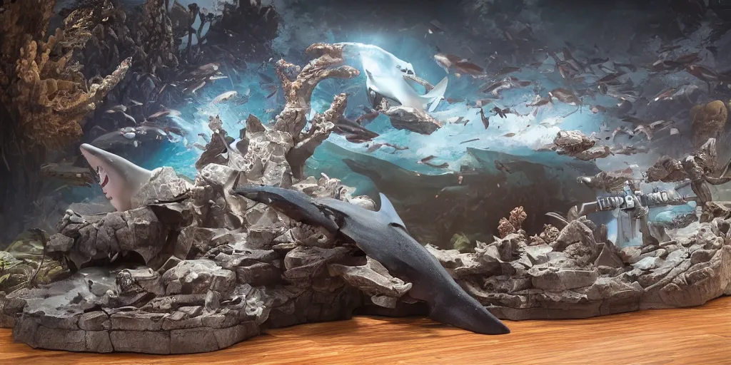 Image similar to very powerful shark and whale mystical statue robot, highly detailed, 8 k, masterpiece, super resolution.