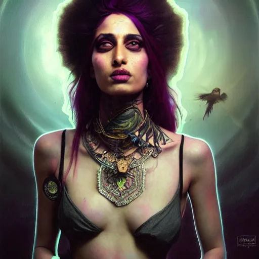 Image similar to portrait painting of iman vellani as a punk fairy, ultra realistic, concept art, intricate details, eerie, highly detailed, photorealistic, octane render, 8 k, unreal engine. art by artgerm and greg rutkowski and charlie bowater and magali villeneuve and alphonse mucha