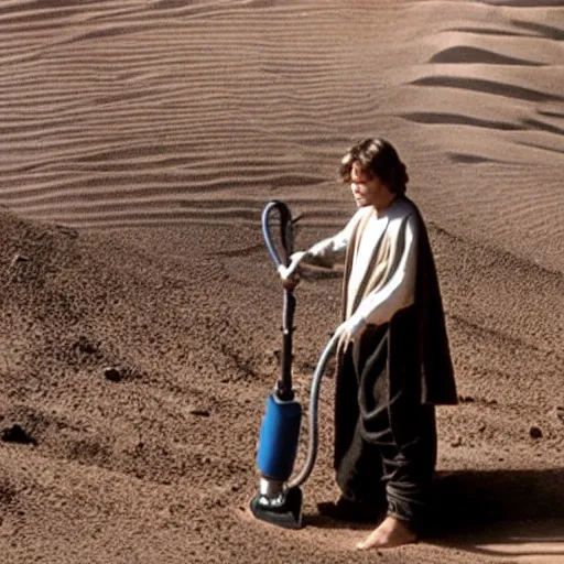 Image similar to anakin skywalker vacuuming the sand in tatooine