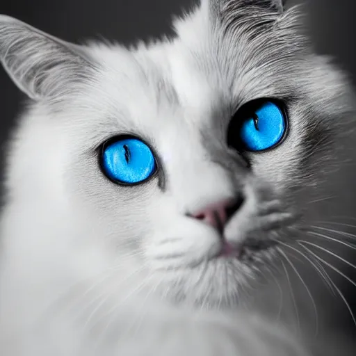 Prompt: fluffy black and white cat portrait, light blue eyes, dilated pupils, white cheeks, aesthetic highly detailed soft fur, professionally shot photorealistic 8k photograph, 35mm Canon EOS R3, rendered in octane, by Natalie Große and Jason Allison